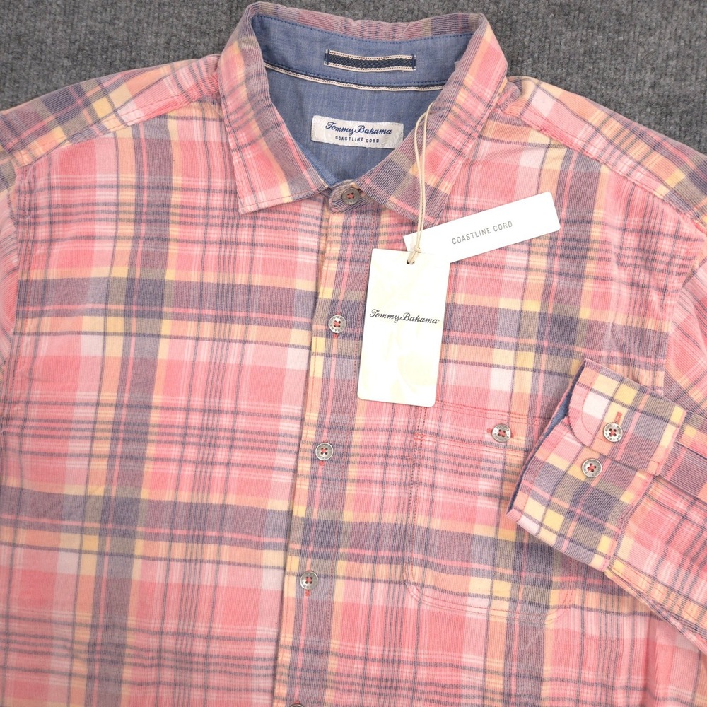 Tommy Bahama Coastline Cord Shirt Mens Large Pink Plaid Corduroy Long Sleeve NEW